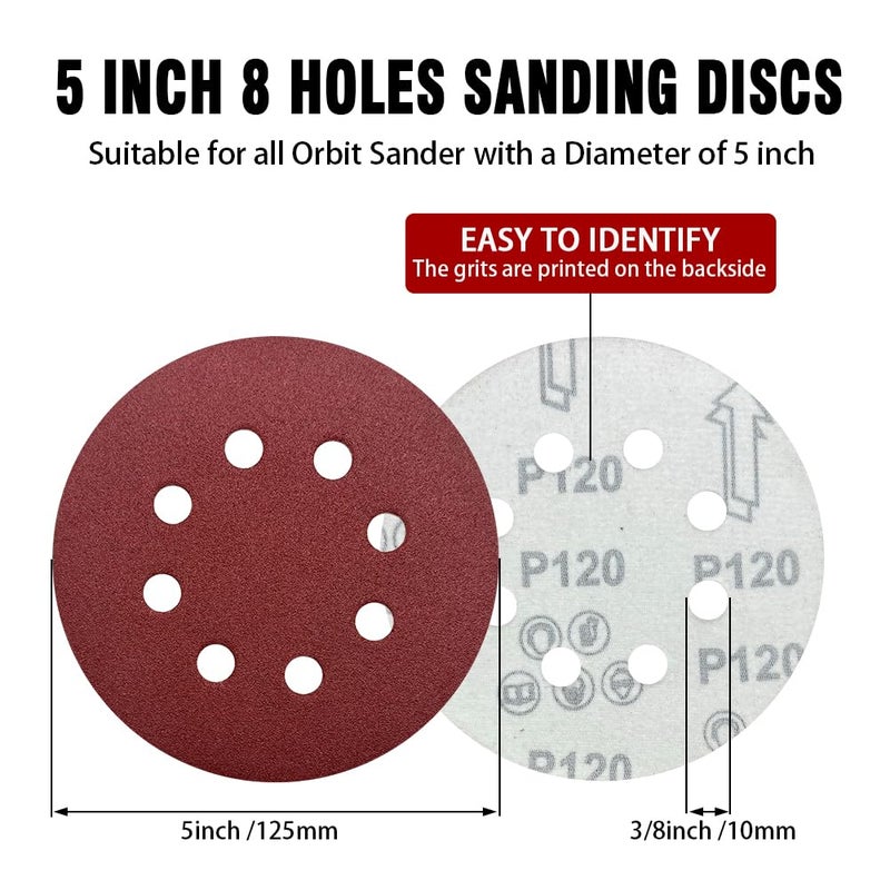 OUKEYA 52 Pack 5 Inch 8-Hole Hook and Loop Sanding Discs Sandpaper Red Round 60 80 120 220 320 Mixed Grits Sandpaper for Random Orbital Sander - Image 2